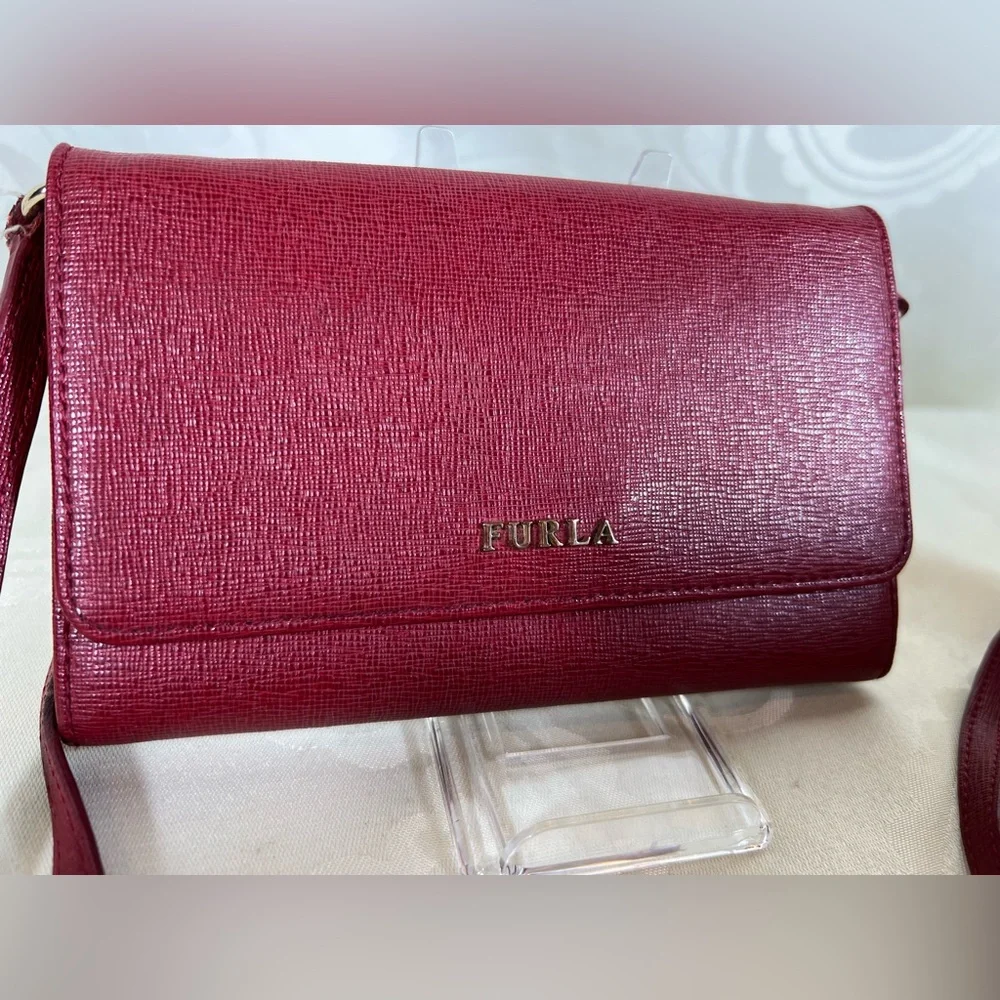 Furla Red Pebbled Leather Wallet on Chain Crossbody Clutch